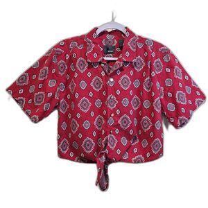 Vintage Lizwear Western Bandana Print Crop Top Medium Pleated Tie Front Red Blue